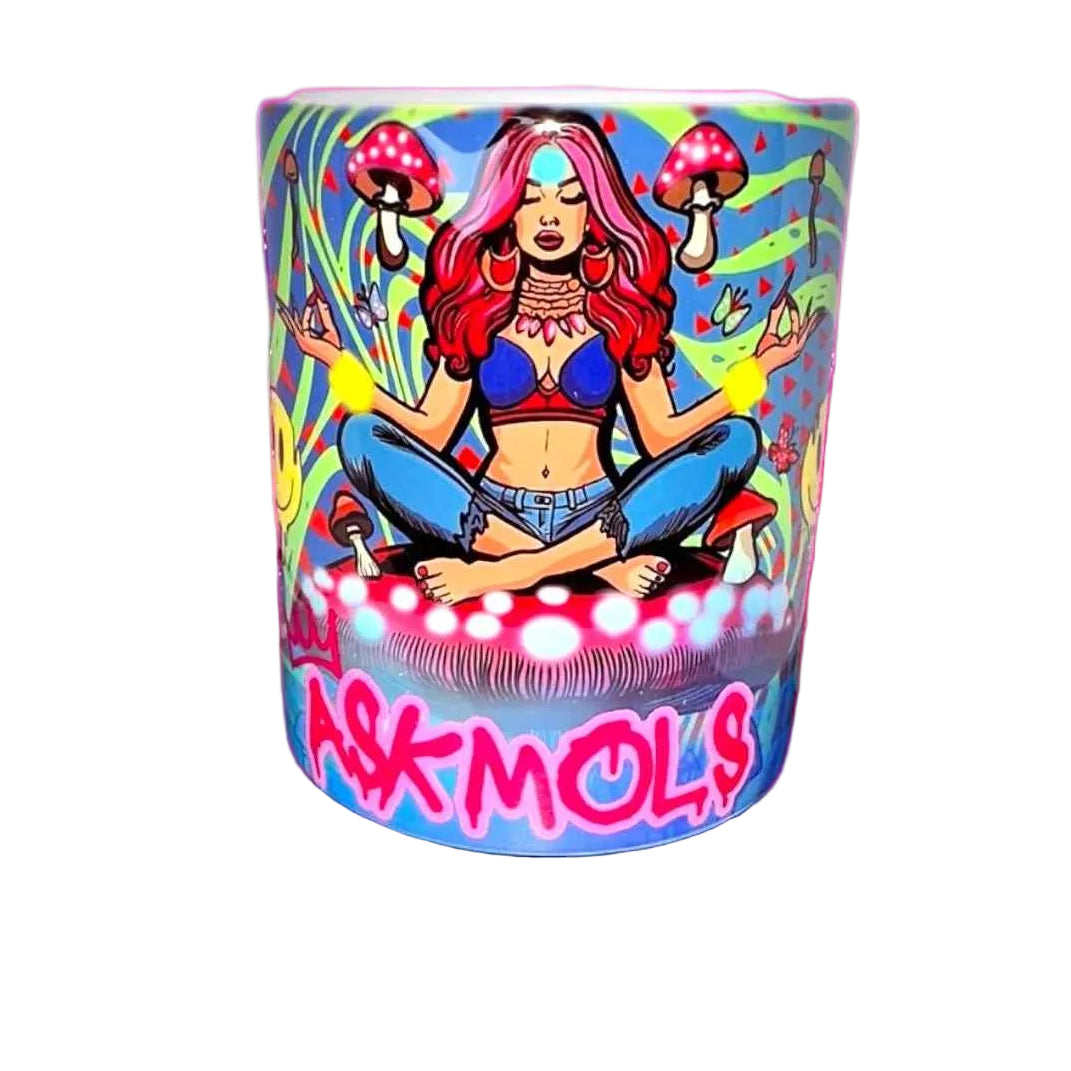 Shroomies Queen Mug with psychedelic mushroom goddess art in vibrant neon colors on ceramic coffee cup