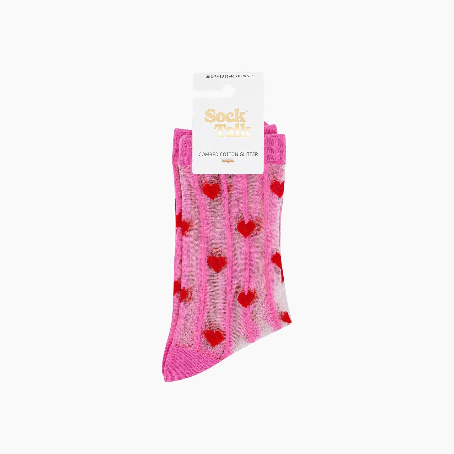 Hearts Stripes Combed Cotton Sheer Pop Socks in Pink/Red