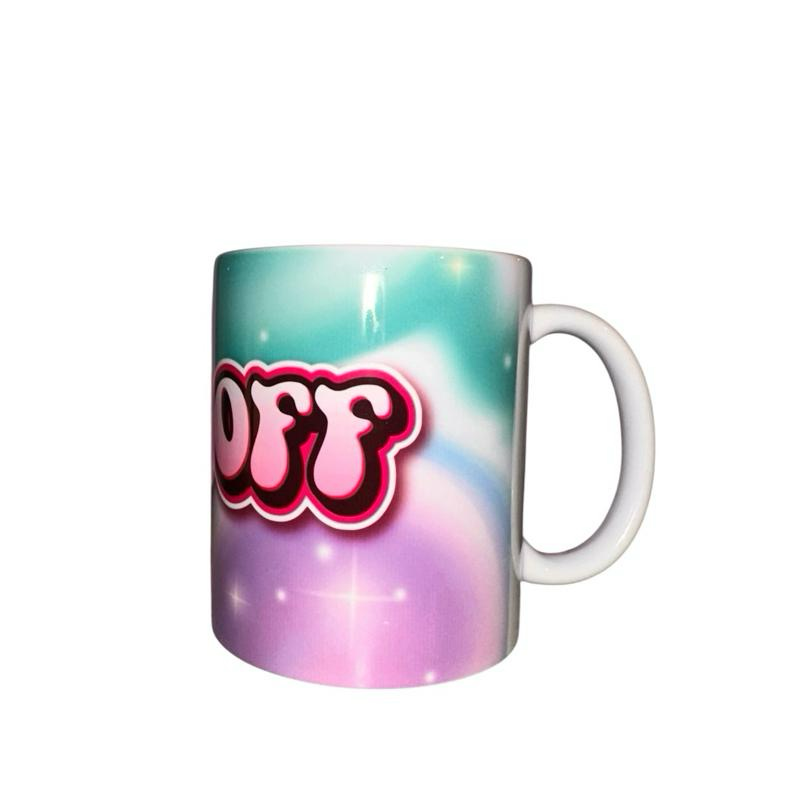ASKMOLSH graphic print ceramic mug with pastel swirl background and bubble font text.