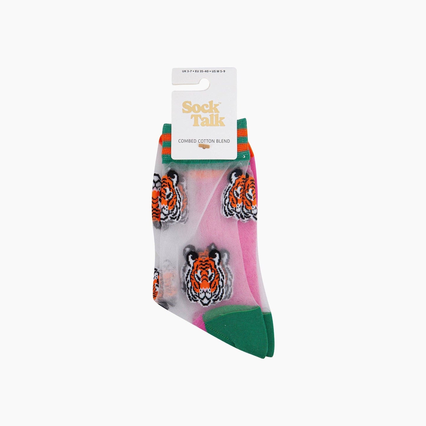 Tiger Faces Combed Cotton Sheer Pop Socks in Green