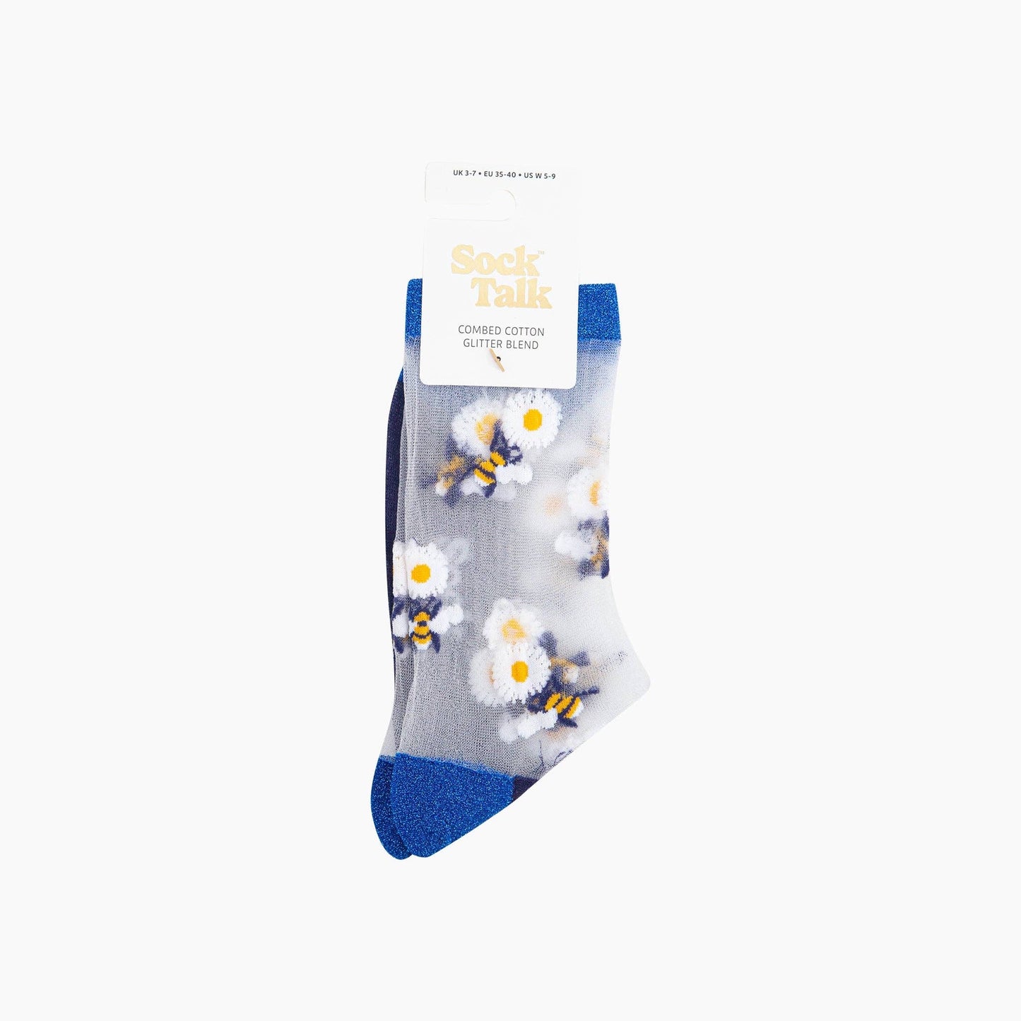 Bees Flowers Combed Cotton Sheer Pop Socks in Blue
