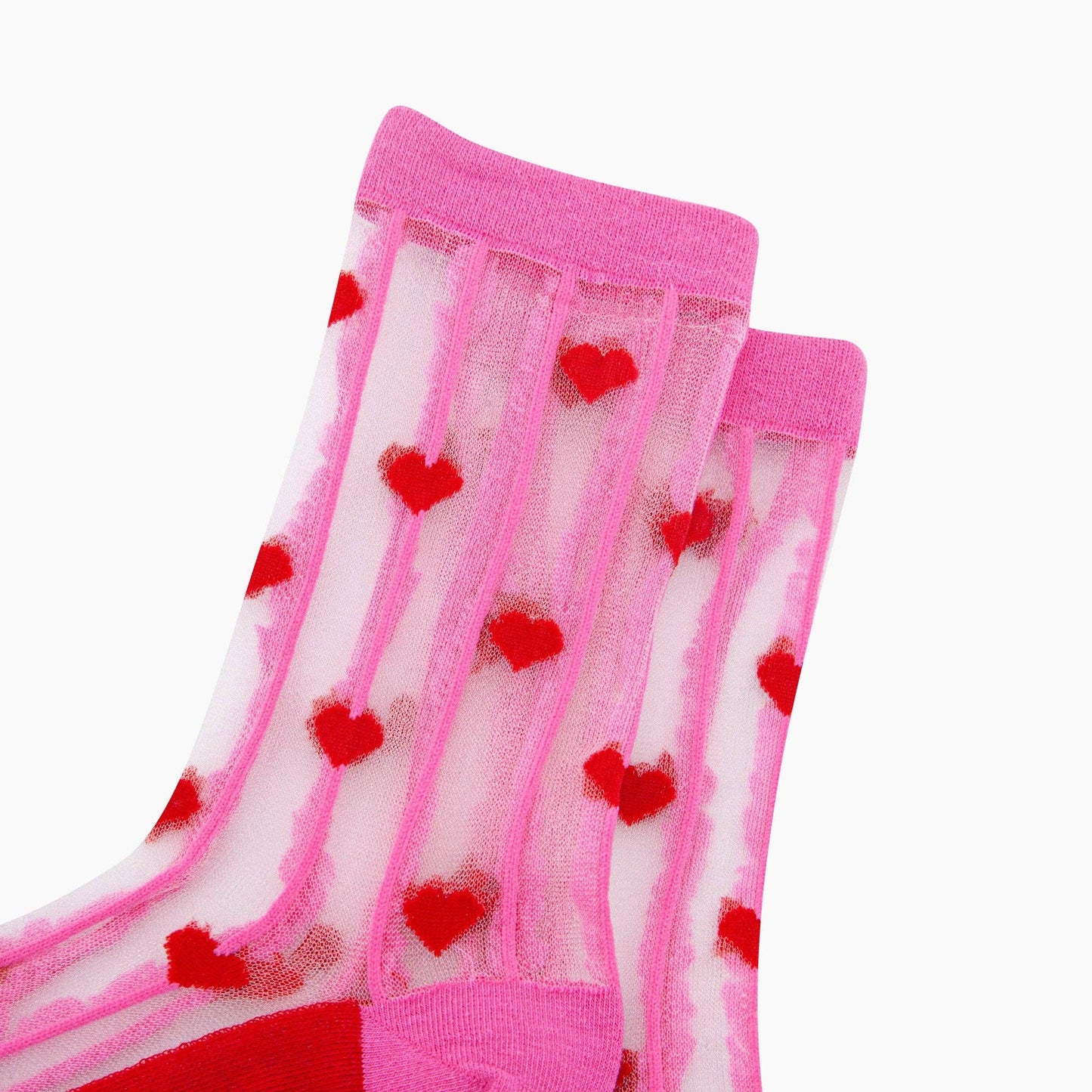 Hearts Stripes Combed Cotton Sheer Pop Socks in Pink/Red