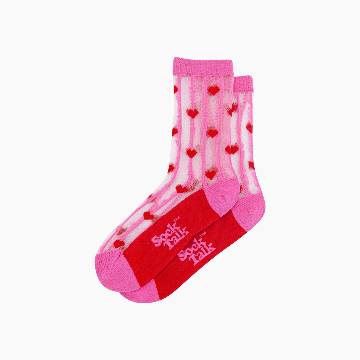 Hearts Stripes Combed Cotton Sheer Pop Socks in Pink/Red