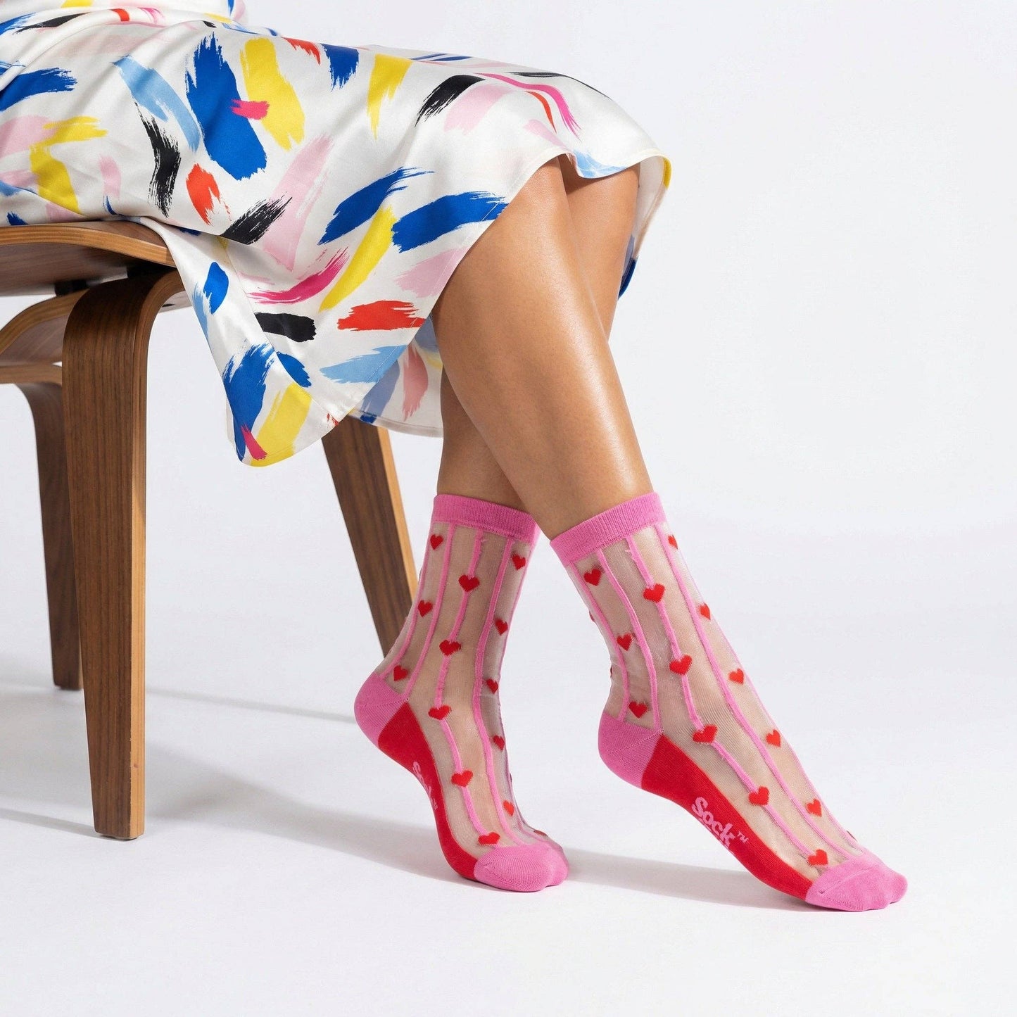 Hearts Stripes Combed Cotton Sheer Pop Socks in Pink/Red