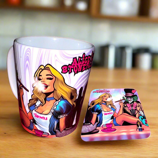 Alice Stonerland Mug & Coaster Set | Stoner Gift Bundle | Cannabis Pop Art by ASKMOLS