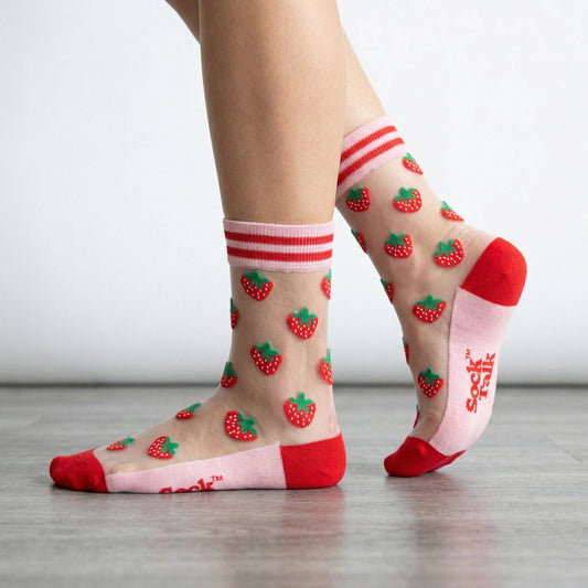 Strawberries Fruit Combed Cotton Sheer Pop Socks in Red