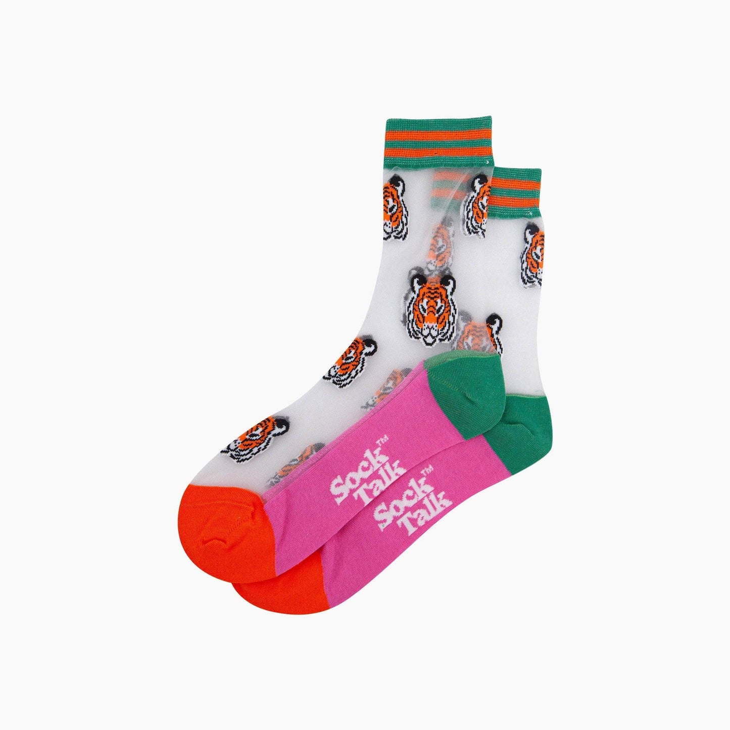 Tiger Faces Combed Cotton Sheer Pop Socks in Green