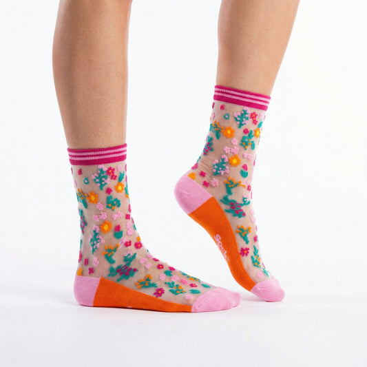 Ditsy Floral Combed Cotton Sheer Pop Socks in Orange