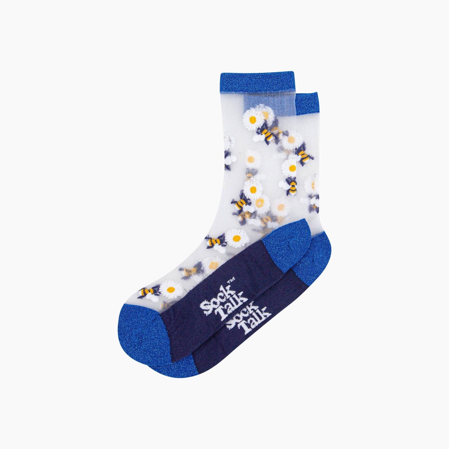 Bees Flowers Combed Cotton Sheer Pop Socks in Blue