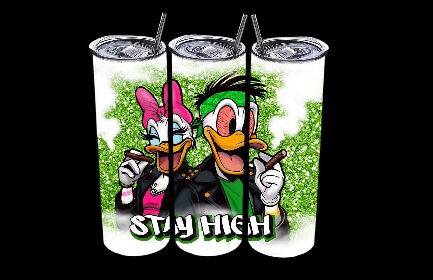 Skinny 20oz Tumbler with colorful cartoon duck characters, metal straw, and vibrant green glitter background, featuring "Stay High" text.