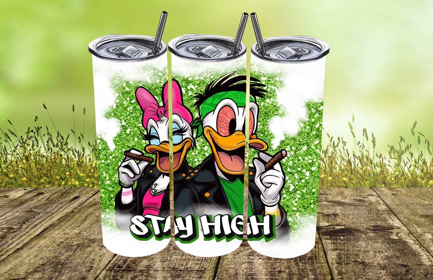Skinny 20oz Tumbler with custom cartoon art, metal straw, and green glitter background designed for hot and cold drinks.