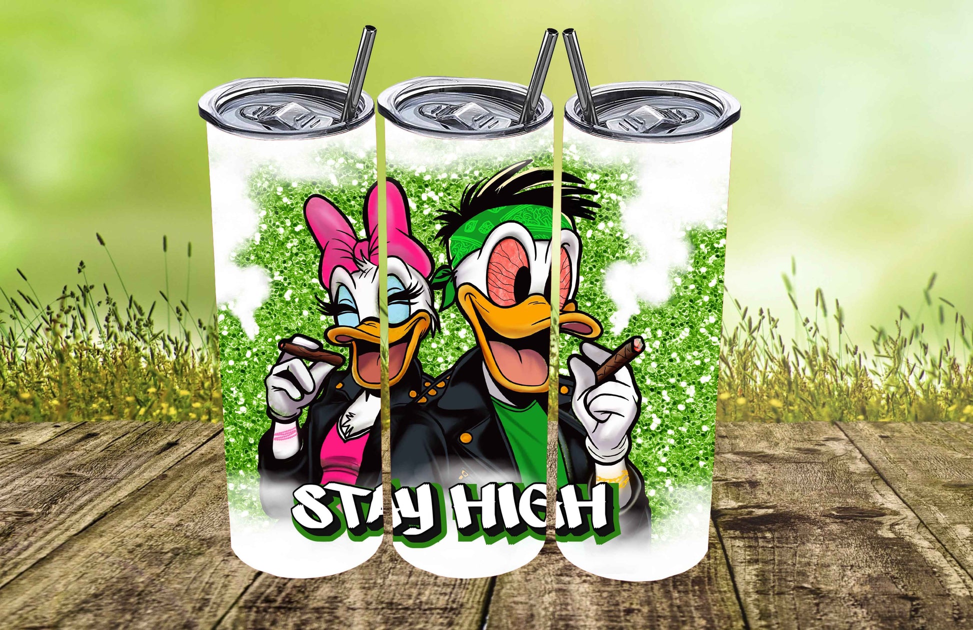Skinny 20oz Tumbler with custom cartoon art, metal straw, and green glitter background designed for hot and cold drinks.