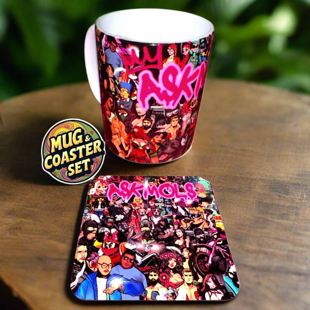ASKMOLS Collage Mug & Coaster Set | Pop Art Gift Bundle | 200+ Hours of Hand-Drawn Artwork