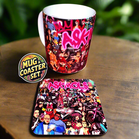 ASKMOLS Collage Mug & Coaster Set | Pop Art Gift Bundle | 200+ Hours of Hand-Drawn Artwork