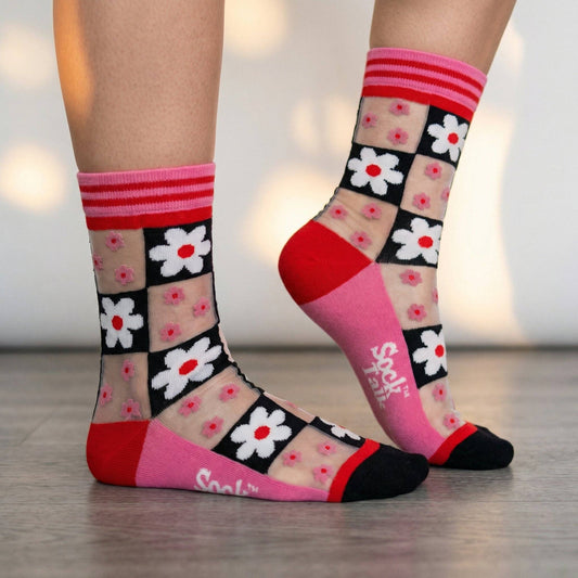Daisy Checkerboard Combed Cotton Sheer Pop Socks in Pink