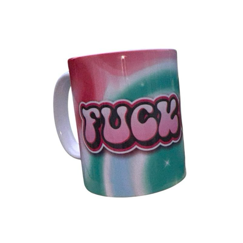 ASKMOLSH graphic print ceramic mug with "FUCK" in bubble font, pastel swirl background.