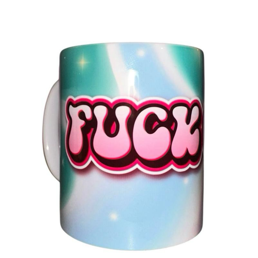 ASKMOLSHere ceramic mug with pastel swirl background and bold pink bubble text saying FUCK. Retro graphic design.