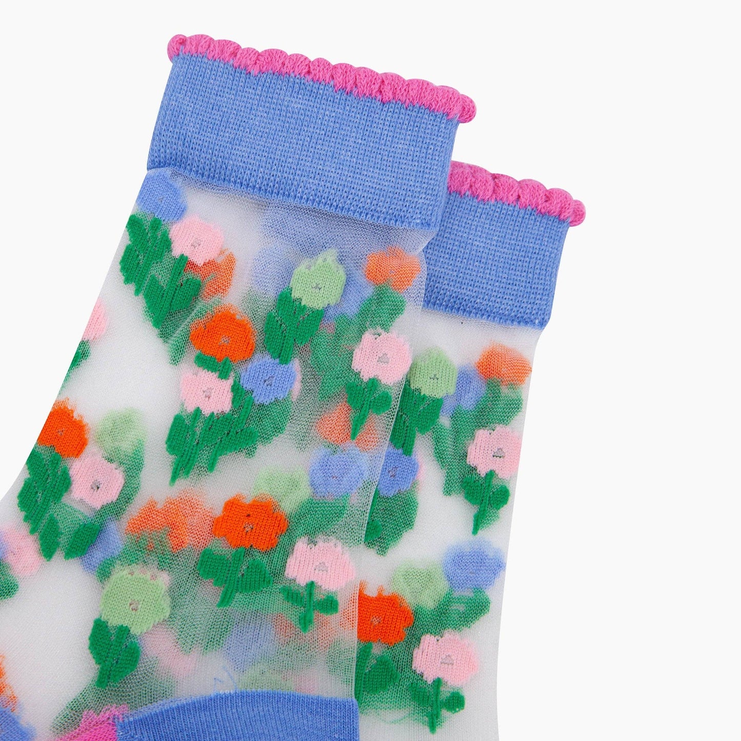 Floral Posy Combed Cotton Sheer Pop Socks in Blue