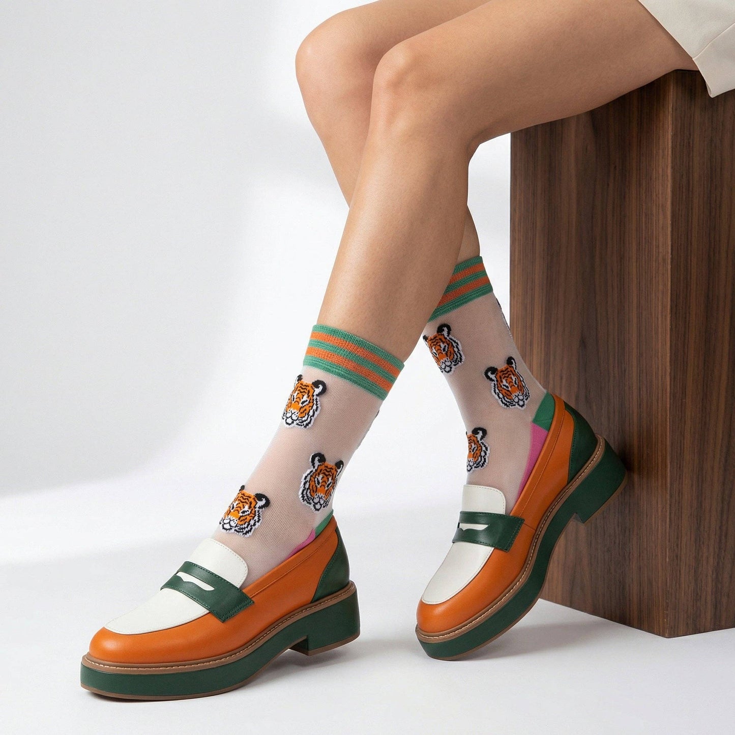 Tiger Faces Combed Cotton Sheer Pop Socks in Green