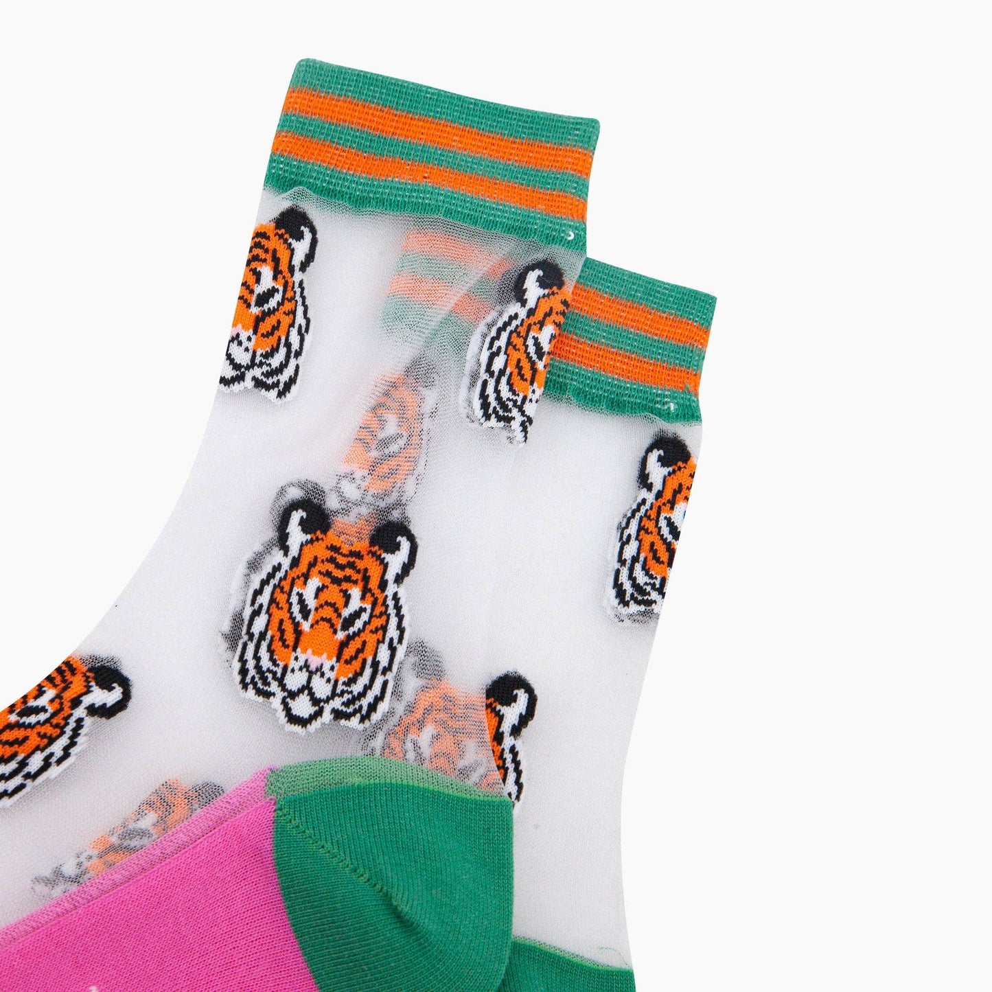 Tiger Faces Combed Cotton Sheer Pop Socks in Green