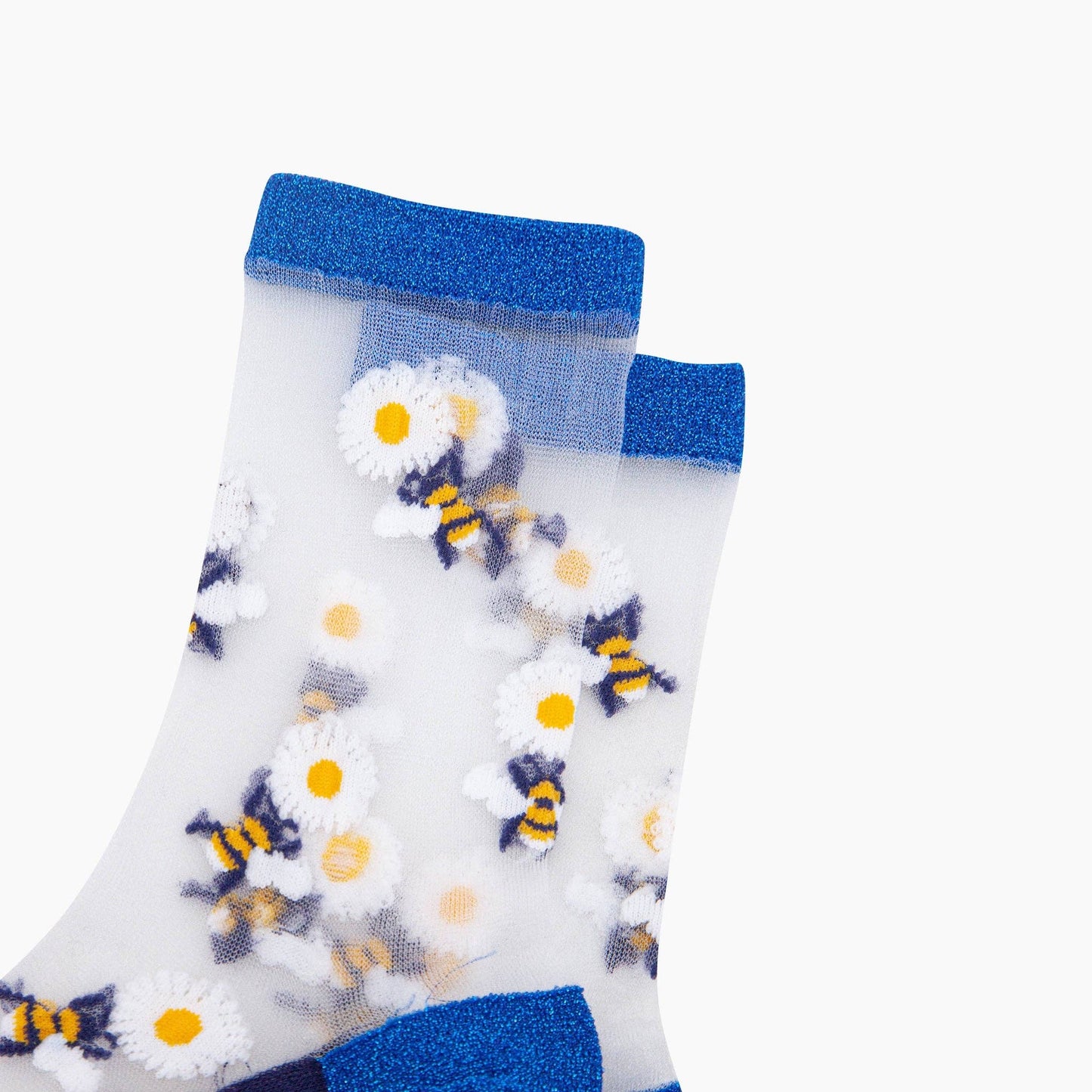 Bees Flowers Combed Cotton Sheer Pop Socks in Blue