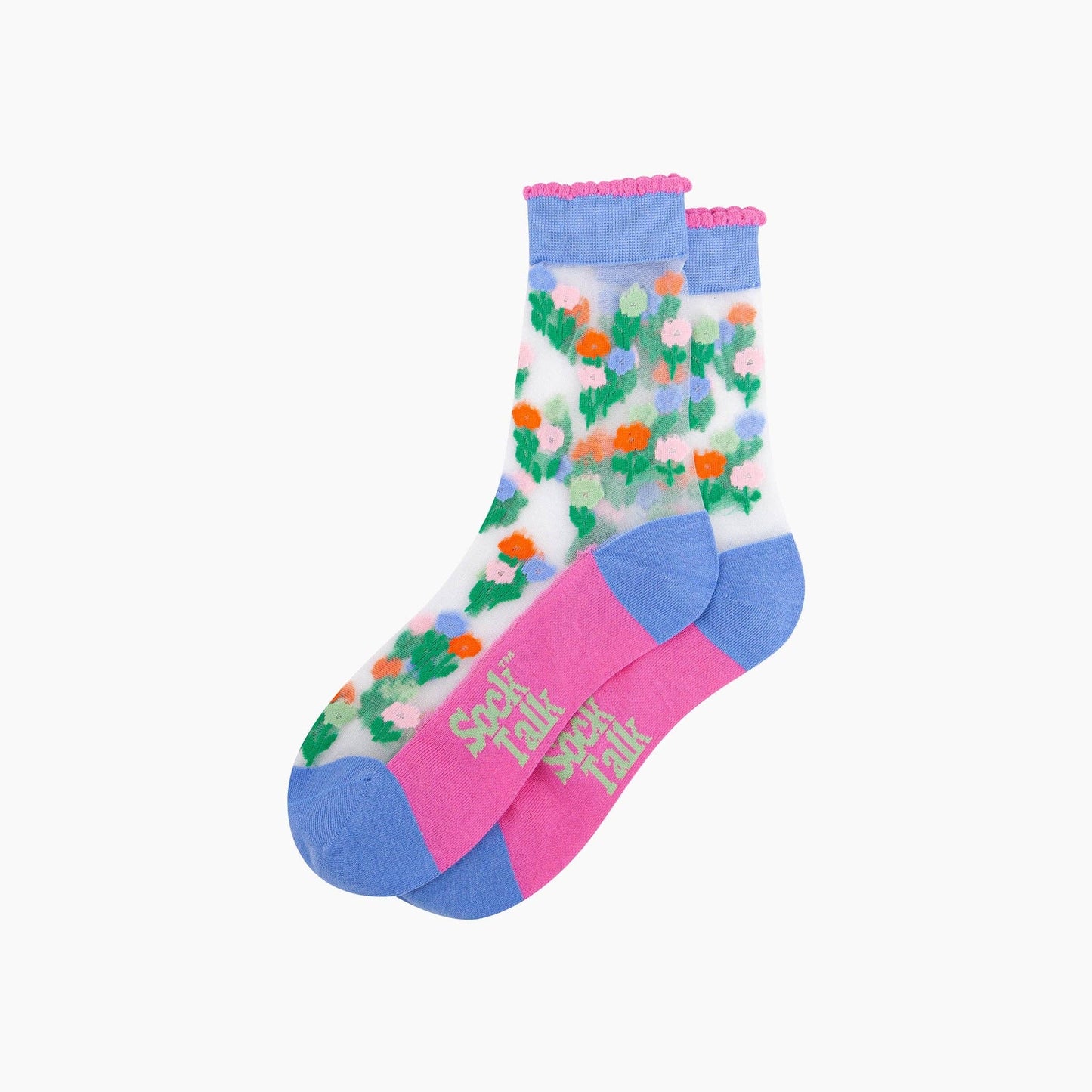 Floral Posy Combed Cotton Sheer Pop Socks in Blue